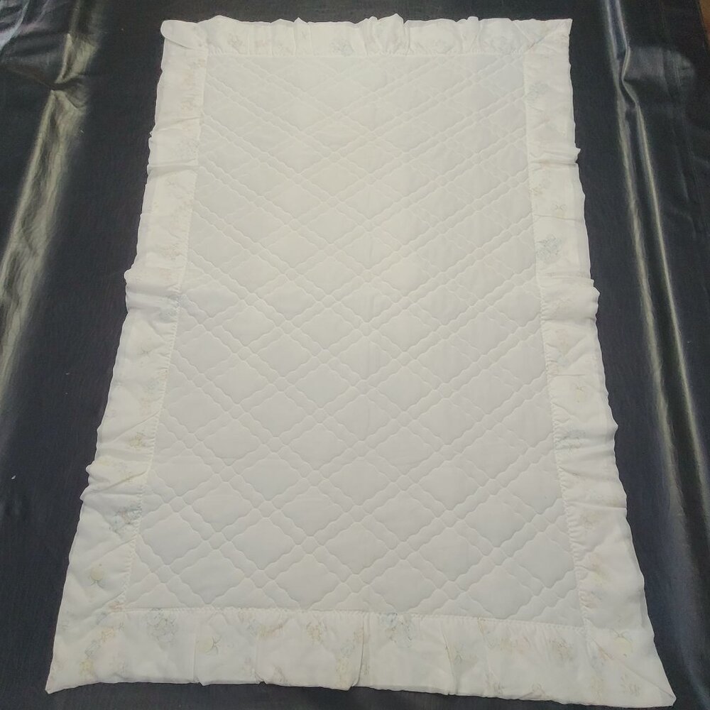 Dacron Quilted Baby Blanket Satin Trim Bunny Pastel Blocks Teddy Bear Rattle Vtg